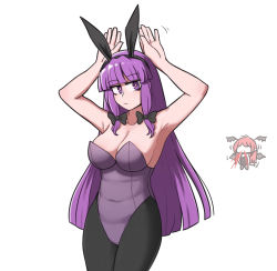 Rule 34 | 2girls, alternate costume, animal ears, armpits, arms up, black bow, black legwear, blood, blunt bangs, bow, breasts, chibi, chibi inset, cleavage, commentary, covered navel, expressionless, fake animal ears, hair bow, hands up, head wings, hidden face, highres, koakuma, large breasts, leotard, long hair, looking at viewer, mata (matasoup), multiple girls, nosebleed, pantyhose, patchouli knowledge, playboy bunny, purple eyes, purple hair, rabbit ears, rabbit pose, red hair, simple background, strapless, strapless leotard, touhou, trembling, very long hair, white background, wings