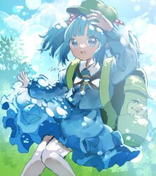 Rule 34 | 1girl, :d, asu naki haru, backpack, bag, blue eyes, blue hair, blue shirt, blue skirt, blue sky, cloud, commentary, flat cap, green hat, hair bobbles, hair ornament, hat, highres, kawashiro nitori, key, long sleeves, looking at viewer, one-hour drawing challenge, open mouth, outdoors, shirt, short hair, signature, skirt, sky, smile, solo, touhou, two side up
