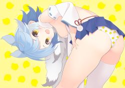 Rule 34 | 1girl, ahoge, animal ears, ass, asymmetrical legwear, azur lane, bent over, blue hair, blue skirt, breasts, commentary request, detached sleeves, fang, from side, fubuki (azur lane), gyusukiudon, looking at viewer, nipples, open mouth, panties, pantyshot, pleated skirt, short hair, sideboob, skin fang, skirt, small breasts, smile, solo, standing, thighhighs, underwear, uneven legwear, white thighhighs, wide sleeves, yellow eyes