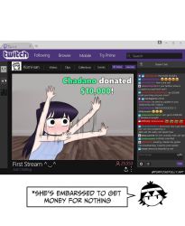 Rule 34 | 1girl, afterimage, animal ears, black eyes, black hair, blush, cat ears, chat log, chibi, dollar sign, donation (twitch), embarrassed, emoji, english text, highres, internet, komi-san wa komyushou desu, komi shouko, livestream, long hair, looking to the side, motion lines, no mouth, pepe the frog, purple hair, purposefullyart, solo, speech bubble, straight hair, subscribe button, tadano hitohito, twitch.tv, upper body, waving arms, wide-eyed, wooden floor