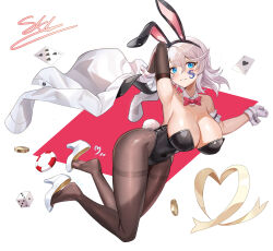 Rule 34 | 1girl, absurdres, animal ears, arm scrunchie, armpits, black pantyhose, blue eyes, blush, breasts, cleavage, collarbone, elbow gloves, facial tattoo, gloves, heart ribbon, highres, large breasts, leotard, no shoes, original, pantyhose, parted lips, playboy bunny, rabbit ears, signature, skl, tattoo, white background, white footwear, white gloves
