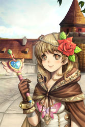 Rule 34 | 1girl, bad id, bad pixiv id, blonde hair, breasts, brick wall, brown eyes, brown gloves, brown ribbon, bug, butterfly, cape, cleavage, cloak, day, flower, gate, gloves, hair flower, hair ornament, hairclip, hand up, heart, holding, holding wand, hood, hood down, hooded cloak, insect, lapucelle (arasoo1210), leaf, light brown hair, looking at viewer, medium breasts, original, outdoors, ribbon, road, rooftop, sky, smile, solo, upper body, wand, yellow eyes