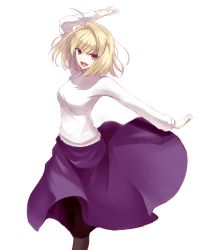 Rule 34 | 00s, 1girl, :d, ahoge, antenna hair, arcueid brunestud, arm up, black pantyhose, blonde hair, breasts, kauto, large breasts, long skirt, open mouth, outstretched hand, pantyhose, purple skirt, red eyes, short hair, simple background, skirt, smile, solo, sweater, tsukihime, turtleneck