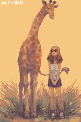 Rule 34 | 1girl, absurdres, animal, ankle boots, bare arms, bare shoulders, blonde hair, blue shorts, blush, boots, camisole, closed mouth, commentary request, dated, giraffe, grass, highres, long hair, original, purple footwear, round eyewear, short shorts, shorts, simple background, smile, solo, standing, sunglasses, v arms, white camisole, yellow background, zennosuke