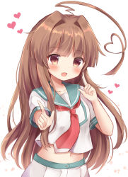 Rule 34 | 10s, 1girl, ahoge, bad id, bad pixiv id, blush, brown eyes, brown hair, commentary request, heart, heart ahoge, highres, huge ahoge, index finger raised, kantai collection, koi dance, kuma (kancolle), long hair, looking at viewer, masayo (gin no ame), matching hair/eyes, midriff, navel, neckerchief, open mouth, sailor collar, school uniform, serafuku, short sleeves, solo, upper body