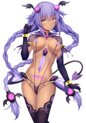 Rule 34 | 1girl, alternate eye color, arm at side, armor, black gloves, black thighhighs, black wings, blush, bracelet, braid, breasts, choujigen game neptune, cleavage, closed mouth, commentary request, corruption, covered erect nipples, covered navel, cowboy shot, daiaru, dark-skinned female, dark persona, dark skin, demon tail, demon wings, elbow gloves, faulds, gloves, groin, hair ornament, hand up, head wings, heart, heart hair ornament, highres, jewelry, large breasts, long hair, looking at viewer, neptune (series), pubic tattoo, purple hair, purple heart (neptunia), shrug (clothing), simple background, slingshot swimsuit, smile, solo, stomach, swimsuit, tail, tattoo, thighhighs, twin braids, very long hair, white background, wings, yellow eyes