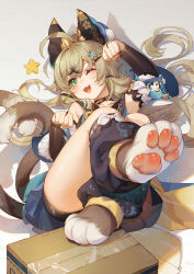 Rule 34 | 1girl, absurdres, ai xiao meng, animal ears, animal hands, cat, cat ears, cat girl, cat paws, cat tail, feet, feet up, foot focus, genshin impact, highres, kirara (genshin impact), looking at viewer, looking back, lying, on back, tail, toes