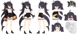 Rule 34 | 1girl, @ @, ahoge, animal, ass, bare arms, bare shoulders, black footwear, black gloves, black hair, black jacket, black ribbon, black shorts, blue eyes, blush, cat, character sheet, commentary request, copyright request, dev (dev0614), evil grin, evil smile, fins, fish tail, gloves, grin, hair between eyes, hair ribbon, half gloves, highres, jacket, long hair, long sleeves, multiple views, nose blush, open clothes, open jacket, ribbon, shark tail, sharp teeth, shirt, shoes, short shorts, shorts, simple background, sleeveless, sleeveless shirt, sleeves past fingers, sleeves past wrists, smile, standing, tail, teeth, thick eyebrows, trembling, twintails, very long hair, wavy mouth, white background, white shirt, wide sleeves