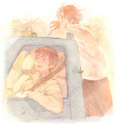 Rule 34 | 2boys, ahoge, arm support, arm up, axis powers hetalia, brown hair, driving, eating, food, green eyes, happy, leaning, male focus, motor vehicle, multiple boys, open mouth, outdoors, pants, pickup truck, pon (cielo), short hair, sitting, southern italy (hetalia), spain (hetalia), standing, tomato, truck, vehicle, wind