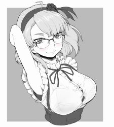 Rule 34 | 1girl, armpits, arms up, blush, breasts, buttons, close-up, closed mouth, dagashi kashi, eyebrows, glasses, greyscale, hairband, ina (gokihoihoi), looking at viewer, monochrome, shidare hotaru, smile, solo, upper body