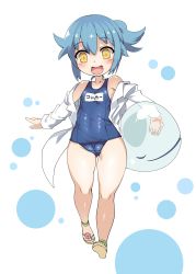 Rule 34 | :d, absurdres, bare shoulders, blue hair, blue one-piece swimsuit, blush, borrowed character, cameltoe, carrying, carrying under arm, collarbone, commentary request, flower, groin, hair between eyes, harigane shinshi, highres, jacket, long sleeves, name tag, one-piece swimsuit, open clothes, open jacket, open mouth, personification, pink flower, sandals, school swimsuit, side ponytail, smile, solo, swimsuit, twitter-san, twitter-san (character), walking, white background, white jacket, yellow eyes