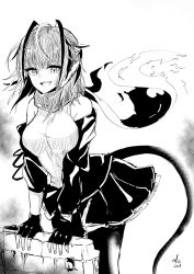 Rule 34 | + +, 1girl, :d, akasabi, antenna hair, arknights, bare shoulders, breasts, clothing cutout, demon girl, demon horns, demon tail, greyscale, highres, horns, jacket, large breasts, leaning forward, long sleeves, looking at viewer, miniskirt, monochrome, multicolored hair, open clothes, open jacket, open mouth, pantyhose, scarf, shirt, short hair, signature, skirt, smile, solo, tail, tail through clothes, two-tone hair, w (arknights)