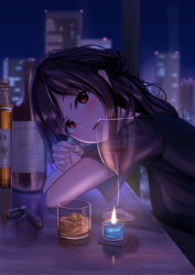 Rule 34 | 1girl, alcohol, black hair, blurry, blurry background, bottle, bottle opener, building, candle, cityscape, corkscrew, cup, drink, drinking glass, elbows on table, highres, looking at viewer, night, original, pink eyes, png pant (bus), reflection, short sleeves, skyscraper, solo, table, wine bottle, wine glass