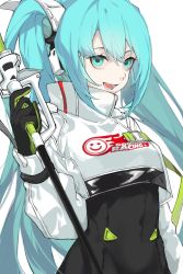 Rule 34 | 1girl, aqua eyes, aqua hair, black bodysuit, black gloves, bodysuit, bodysuit under clothes, covered navel, crop top, crop top overhang, cropped jacket, female focus, flag, gloves, goodsmile racing, green gloves, hair between eyes, hatsune miku, headgear, highres, holding, holding flag, jacket, long hair, long sleeves, looking at viewer, open mouth, pale skin, racing miku, racing miku (2022), senku, sidelocks, solo, strap, teeth, tongue, twintails, two-tone gloves, upper body, very long hair, vocaloid, white background, white jacket