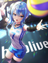 Rule 34 | 1girl, :o, absurdres, alternate costume, arms up, ball, black choker, black thighhighs, blue eyes, blue hair, blue shorts, blurry, choker, cowboy shot, depth of field, elbow pads, elbow sleeve, highres, hololive, hoshimachi suisei, jersey, knee pads, looking at object, md5 mismatch, number print, open mouth, playing sports, resolution mismatch, shirt, short shorts, shorts, side ponytail, sidelocks, single elbow pad, single knee pad, single thighhigh, solo, source larger, sportswear, star (symbol), star choker, star in eye, sweat, symbol in eye, thighhighs, thighs, v-shaped eyebrows, virtual youtuber, volleyball, volleyball (object), volleyball uniform, wajuniorbox, white shirt