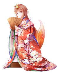 Rule 34 | 1girl, alternate costume, animal ears, brown hair, floral print, fudo shin, furisode, hair ornament, hand fan, highres, holding, holding fan, holo, japanese clothes, kimono, kneeling, long hair, looking at viewer, nail polish, obi, print kimono, red eyes, red nails, sash, simple background, solo, spice and wolf, tail, white background, wolf ears, wolf tail