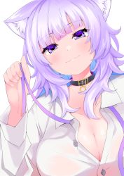 Rule 34 | 1girl, :3, amct (candyca03092112), animal ear fluff, animal ears, blush, breasts, cat ears, choker, cleavage, closed mouth, collar, collared shirt, commentary request, eyes visible through hair, highres, hololive, large breasts, long hair, looking at viewer, nekomata okayu, nekomata okayu (oversized shirt), no bra, official alternate costume, purple eyes, purple hair, see-through, shirt, simple background, smile, solo, split mouth, upper body, virtual youtuber, white background, white shirt