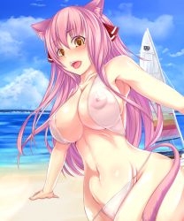 Rule 34 | 1girl, :d, animal ears, bad id, bad pixiv id, beach, bikini, blush, boat, borrowed character, breasts, cat ears, cat tail, day, groin, large breasts, long hair, nipples, open mouth, original, outdoors, pink hair, see-through, shia flatpaddy, smile, solo, swimsuit, tail, traces, water, watercraft, yellow eyes