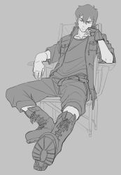 Rule 34 | 1boy, boots, chair, cosplay, final fantasy, final fantasy xv, fingerless gloves, gloves, greyscale, hyakujuu-ou golion, jacket, keith (voltron), male focus, monochrome, noctis lucis caelum, noctis lucis caelum (cosplay), single glove, sitting, solo, steve ahn, voltron: legendary defender, voltron (series)