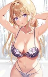 Rule 34 | 1girl, :q, arm behind head, armpits, arms up, bare arms, bare shoulders, blonde hair, bra, breasts, cleavage, closed mouth, collarbone, cowboy shot, earrings, highres, jewelry, large breasts, lingerie, long hair, looking at viewer, motsunuki, multi-strapped panties, navel, navel piercing, original, panties, piercing, purple bra, purple eyes, purple panties, skindentation, smile, solo, standing, stomach, string bra, string panties, tongue, tongue out, underwear, underwear only