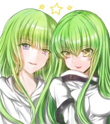 Rule 34 | 1boy, 1girl, :p, blunt bangs, breasts, c.c., close-up, code geass, color connection, commentary request, crossover, enkidu (fate), eyelashes, eyes visible through hair, fate/grand order, fate (series), female focus, green hair, hair between eyes, hair color connection, hairstyle connection, kingu (fate), large breasts, long hair, looking at viewer, parted lips, purple eyes, rincha (rinrinrincha), shirt, side-by-side, simple background, smile, star (symbol), straight hair, teeth, tongue, tongue out, trait connection, upper teeth only, very long hair, white background, white shirt, yellow eyes