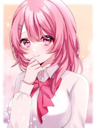 Rule 34 | 1girl, blush, bow, closed mouth, collared shirt, commentary request, hair ornament, hairclip, highres, kotobuki minami, long hair, long sleeves, oshi no ko, partial commentary, pink bow, pink eyes, pink hair, pink ribbon, ribbon, school uniform, shirt, solo, sparkle, szmymsz, white shirt, youtou high school uniform