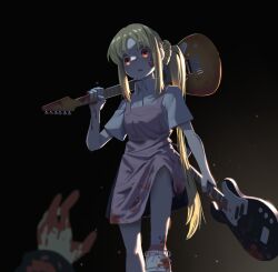 Rule 34 | 1girl, absurdres, apron, black background, black skirt, blonde hair, blood, blood on face, blood splatter, bocchi the rock!, brown eyes, commentary, dual wielding, english commentary, gradient background, guitar, highres, holding, ijichi nijika, instrument, long hair, myjet, pink apron, pov, pov hands, shirt, short sleeves, side ponytail, sidelocks, skirt, solo focus, very long hair, white shirt