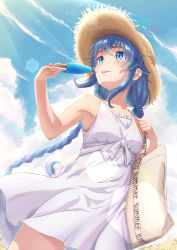 Rule 34 | 1girl, absurdres, bag, blue eyes, blue hair, blue sky, braid, breasts, collarbone, day, dress, floating hair, food, hair between eyes, hat, highres, holding, holding food, honba misaki, lens flare, long hair, low twintails, mushoku tensei, outdoors, popsicle, roxy migurdia, short dress, sky, sleeveless, sleeveless dress, small breasts, solo, straw hat, summer, sun hat, sundress, sunlight, tongue, tongue out, twin braids, twintails, very long hair, white dress