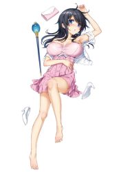 Rule 34 | 1girl, ahoge, bare shoulders, barefoot, black hair, blue eyes, blush, breasts, camisole, cleavage, cover, cover page, feet, full body, hand on own stomach, hand up, high heels, hisasi, jacket, large breasts, long hair, looking at viewer, messy hair, netoge no yome wa onna no ko janai to omotta?, novel cover, off shoulder, open clothes, open jacket, open mouth, pink camisole, second-party source, shoes, simple background, solo, staff, tamaki ako, unworn shoes, white background, white footwear, white jacket