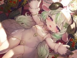 Rule 34 | 1girl, animal ears, armpits, arms up, blush, bracelet, breasts, covered navel, dress, furry, furry female, green hair, green panties, groin, half-closed eyes, highres, horns, jewelry, lolo (kemonono), long hair, lying, necklace, on back, open clothes, open dress, open mouth, original, panties, pink eyes, sheep ears, sheep girl, sheep horns, small breasts, smile, solo, stomach, thigh gap, thighs, underwear, white dress