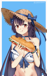 Rule 34 | 1girl, :q, absurdres, armlet, bare shoulders, bikini, blue background, blue bow, blush, border, bow, braid, breasts, brown hat, cleavage, closed mouth, eating, epic seven, food, frilled bikini, frills, hat, hat bow, hat ornament, highres, holding, holding food, karin (epic seven), large breasts, long hair, looking at viewer, navel, outside border, purple hair, red eyes, sandwich, side braid, simple background, smile, solo, stomach, straw hat, swimsuit, tongue, tongue out, twitter username, twomoon, upper body, very long hair, white bikini, white border
