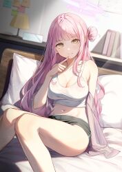 Rule 34 | 1girl, absurdres, blue archive, breasts, cleavage, dampi, hair bun, highres, large breasts, long hair, looking at viewer, mika (blue archive), on bed, pink hair, single hair bun, sitting, solo, yellow eyes