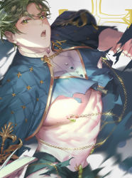Rule 34 | 1boy, absurdres, bara, cape, green eyes, green hair, highres, large pectorals, looking at viewer, male focus, nipple piercing, nu carnival, olivine (nu carnival), open mouth, pectorals, piercing, shirt, short hair, signature, simple background, solo, torn clothes, torn shirt, upper body, xia qing