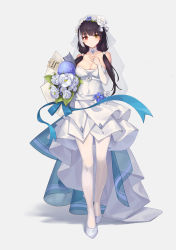 Rule 34 | 1girl, absurdres, black hair, blue flower, bouquet, breasts, bridal gauntlets, bride, commission, dress, elbow gloves, female focus, flower, full body, girls&#039; frontline, gloves, heterochromia, high heels, highres, holding, holding bouquet, jewelry, large breasts, long hair, looking at viewer, low twintails, multicolored hair, pantyhose, pixiv commission, red eyes, ring, ro635 (girls&#039; frontline), solo, standing, strapless, strapless dress, streaked hair, super hellrat, twintails, veil, wedding band, wedding dress, white dress, white flower, white footwear, white gloves, white hair, white pantyhose, white veil, yellow eyes