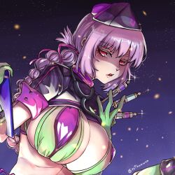 Rule 34 | 1girl, braid, braided ponytail, breasts, clipboard, covered erect nipples, fate/grand order, fate (series), florence nightingale (fate), florence nightingale (trick or treatment) (fate), garrison cap, gloves, hat, highres, large breasts, looking to the side, night, night sky, parted lips, pink eyes, pink hair, princesskai (kirasagi1), shrug (clothing), sky, solo, star (sky), syringe, upper body