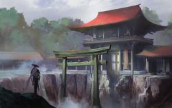 Rule 34 | 1other, architecture, building, cloud, commentary request, east asian architecture, fog, from behind, gloves, hat, long sleeves, miso katsu, original, outdoors, pagoda, scenery, sky, solo, standing, tagme, torii, tree, water, waterfall