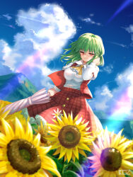 Rule 34 | 1girl, absurdres, blue sky, cloud, commentary, dated commentary, edz drawz, field, flower, flower field, green hair, hand in own hair, highres, kazami yuuka, long sleeves, looking at viewer, medium hair, mountainous horizon, outdoors, pink umbrella, red eyes, sky, solo, sunflower, touhou, umbrella