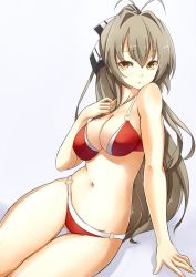 Rule 34 | 10s, 1girl, amagi brilliant park, antenna hair, arm support, asya, bare shoulders, bikini, body blush, breasts, brown eyes, brown hair, cleavage, gluteal fold, highres, large breasts, long hair, looking at viewer, navel, o-ring, o-ring bottom, o-ring top, ponytail, red bikini, sento isuzu, shiny skin, sitting, solo, swimsuit, thigh gap, very long hair