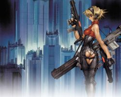 Rule 34 | 1girl, ass, ass cutout, blonde hair, bodysuit, breasts, brown eyes, bullpup, chaps, choker, cityscape, clothing cutout, dual wielding, female focus, gloves, gun, headphones, holding, impossible bodysuit, impossible clothes, iris hallet, panties, revealing clothes, rifle, shirou masamune, short hair, sideboob, skin tight, skin tight suit, solo, submachine gun, underwear, wallpaper, weapon