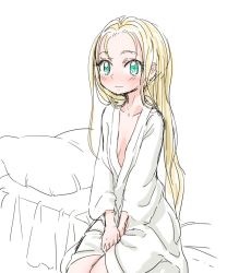 Rule 34 | 1girl, aqua eyes, bathrobe, bed, blonde hair, blue eyes, blush, breasts, chrono trigger, closed mouth, commentary request, long hair, looking at viewer, marle (chrono trigger), naked robe, pillow, robe, s-a-murai, small breasts, solo