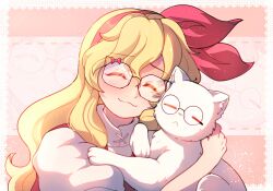Rule 34 | 1boy, 1girl, :3, animal, blonde hair, bow, bow hairband, bowtie, cat, dungeon toaster, ellen (touhou), hair ribbon, hairband, highres, holding, holding animal, holding cat, long hair, puffy short sleeves, puffy sleeves, red bow, red bowtie, red hairband, red ribbon, red vest, ribbon, round eyewear, short sleeves, sokrates (touhou), touhou, touhou (pc-98), turtleneck, very long hair, vest, wavy hair, white cat