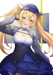 Rule 34 | 1girl, absurdres, blonde hair, blue dress, blue hat, blush, breasts, cabbie hat, choker, cleavage, collarbone, contrapposto, cowboy shot, dokibird (vtuber), dress, fingerless gloves, framed breasts, frilled choker, frills, gloves, green eyes, grey jacket, hair between eyes, hair ribbon, hat, head tilt, highres, indie virtual youtuber, jacket, layered dress, long hair, long sleeves, looking at viewer, medium breasts, mr2d, open clothes, open jacket, open mouth, ribbon, simple background, smile, solo, star (symbol), star choker, twintails, underbust, very long hair, virtual youtuber