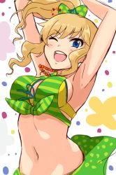 Rule 34 | 1girl, ;d, arched back, armpits, arms up, bikini, bikini top only, blonde hair, blue eyes, blush, bouncing breasts, bow, breasts, front-tie bikini top, front-tie top, green bikini, green bow, green eyes, green ribbon, green skirt, hair bow, idolmaster, idolmaster cinderella girls, jewelry, keikesu, long hair, looking at viewer, medium breasts, multicolored background, navel, necklace, ohtsuki yui, one eye closed, open mouth, pearl necklace, polka dot, polka dot bow, ponytail, ribbon, round teeth, sidelocks, sketch, skirt, smile, solo, stomach, striped bikini, striped bikini top, striped clothes, swimsuit, teeth, upper body, v-shaped eyebrows, wavy hair
