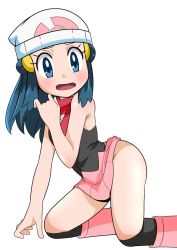 Rule 34 | 1girl, ass, beanie, blue eyes, blue hair, boots, creatures (company), dawn (pokemon), game freak, groin, hainchu, hair ornament, hat, highres, long hair, looking at viewer, nintendo, open mouth, pink footwear, pokemon, pokemon (anime), pokemon dppt (anime), simple background, skirt, smile, solo, thighs, white background