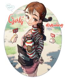 Rule 34 | 1girl, arms behind back, bag, braid, brown eyes, cherry hair ornament, cowboy shot, earrings, english text, food-themed hair ornament, grass, hair ornament, hamster, highres, jewelry, long hair, long sleeves, looking at viewer, original, overalls, pink overalls, rinotuna, shadow, shirt, shoulder bag, smile, solo, striped clothes, striped shirt, twin braids