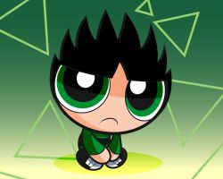 Rule 34 | 1boy, black hair, butch (ppg), child, green background, green eyes, green shirt, looking at viewer, male focus, powerpuff girls, shirt, sitting, solo, spiked hair, striped clothes, striped shirt