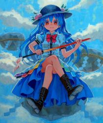 Rule 34 | 1girl, acrylic paint (medium), ama-tou, blue hair, boots, bow, bowtie, female focus, food, fruit, hat, highres, hinanawi tenshi, keystone, crossed legs, long hair, looking at viewer, painting (medium), peach, red eyes, sitting, solo, sword, sword of hisou, touhou, traditional media, weapon
