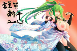 Rule 34 | 10s, 2013, armpits, bare shoulders, breasts, breasts out, flower, green hair, hair ornament, huge breasts, japanese clothes, long hair, mnjs, nipples, orange eyes, ribbon