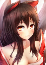 Rule 34 | 1girl, ahri (league of legends), animal ears, black hair, blush, breasts, cleavage, collarbone, fox ears, kero (tomoki-tiger), korean clothes, league of legends, long hair, looking at viewer, smile, solo, upper body, whiskers, yellow eyes