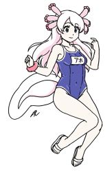 Rule 34 | 1girl, acesrulez, alternate costume, bare legs, bare shoulders, blue one-piece swimsuit, blush, commentary request, kemono friends, lizard tail, long hair, mexico salamander (kemono friends), name tag, one-piece swimsuit, pointing, pointing at self, reptile girl, sandals, school uniform, solo, swimsuit, tail, translation request, white footwear, white hair